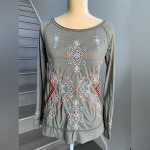 Johnny Was Joy Love Light Brown Floral Embroidered Geometric Long Sleeve Top